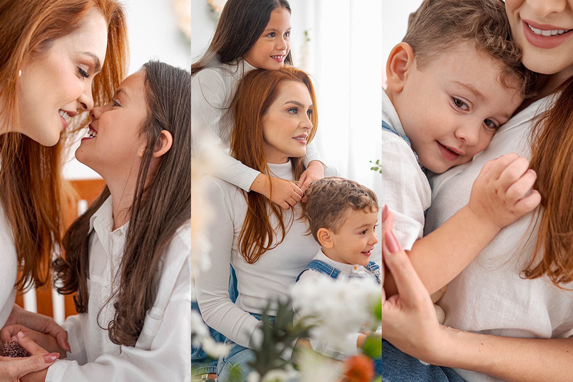 Três momentos de uma mãe com os filhos: rindo de rosto colado, abraçada pelos dois, e com o filho encostado no seu ombro